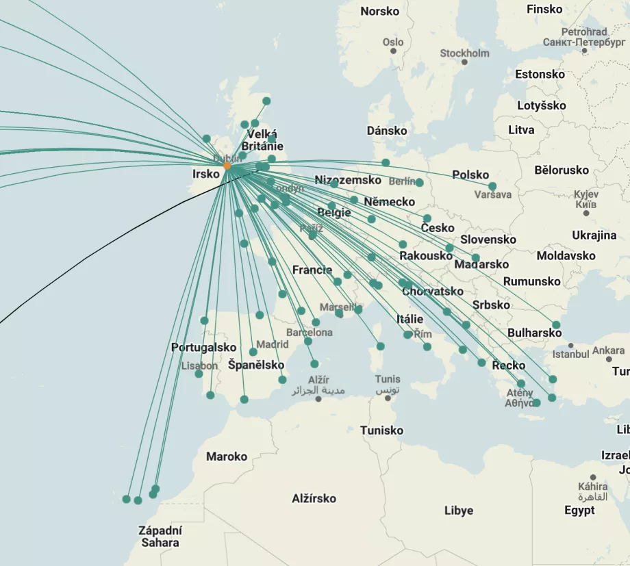 Mapa trasy spoločnosti Aer Lingus