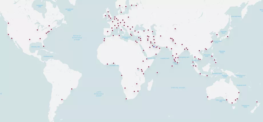 Mapa trasy spoločnosti Qatar Airways