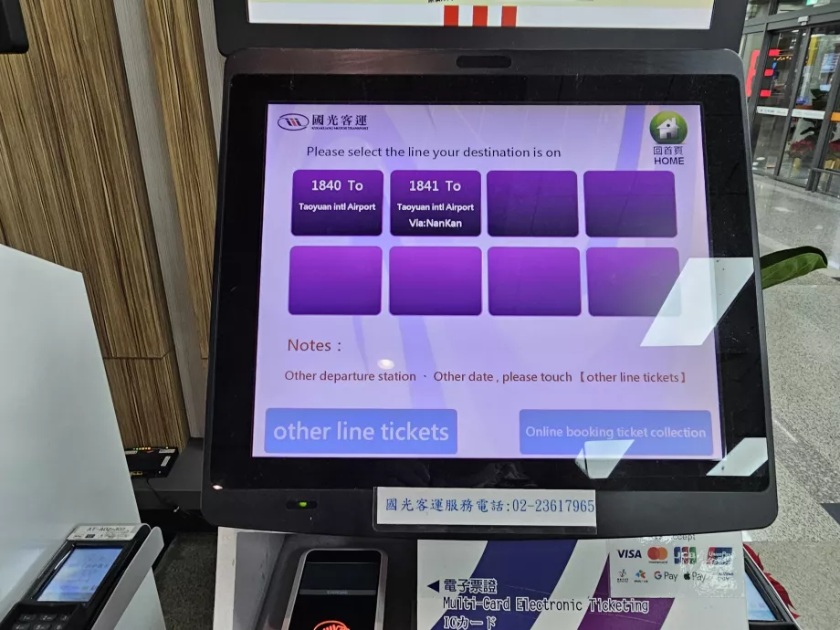 Autobusový automat na lístky smerom na letisko Taoyuan TPE