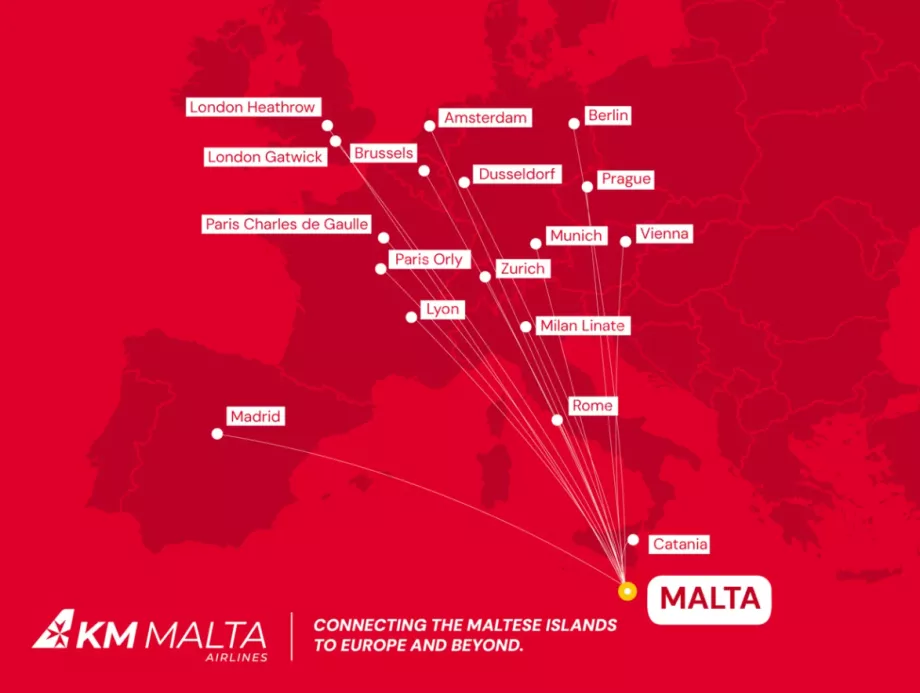 Mapa trasy spoločnosti KM Malta Airlines