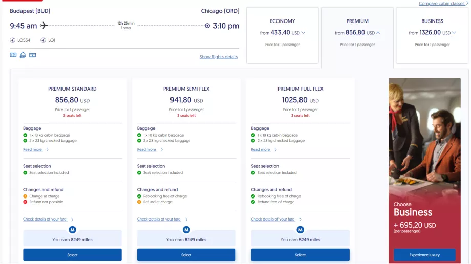 Tarify v ekonomickej triede Premium