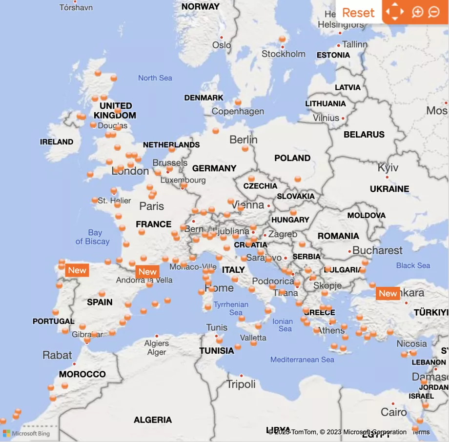 Mapa trasy spoločnosti easyJet