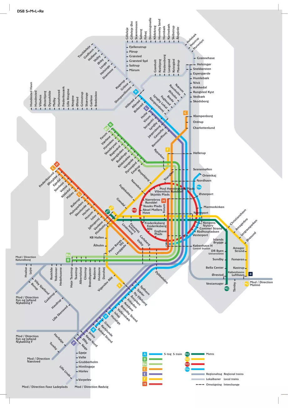 Mapa metra a vlakov v Kodani