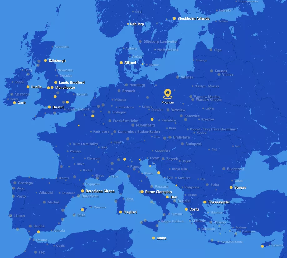 Mapa trasy spoločnosti Ryanair z letiska POZ v Poznani